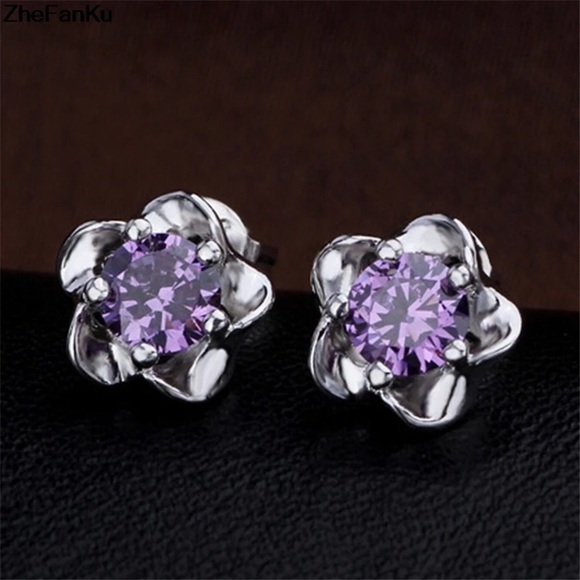 Jewelry - Sterling Silver Floral Purple CZ Earrings